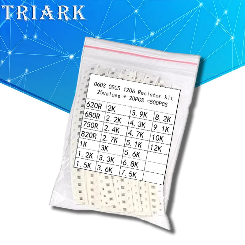 500pcs 25values 0603 0805 1206 SMD Chip Resistor Kit 620R~12K 680R 820R 1K 2K 3K 3K3 5.1K 6.8K 7.5K 8.2K 9.1K 10Kohm sample pack