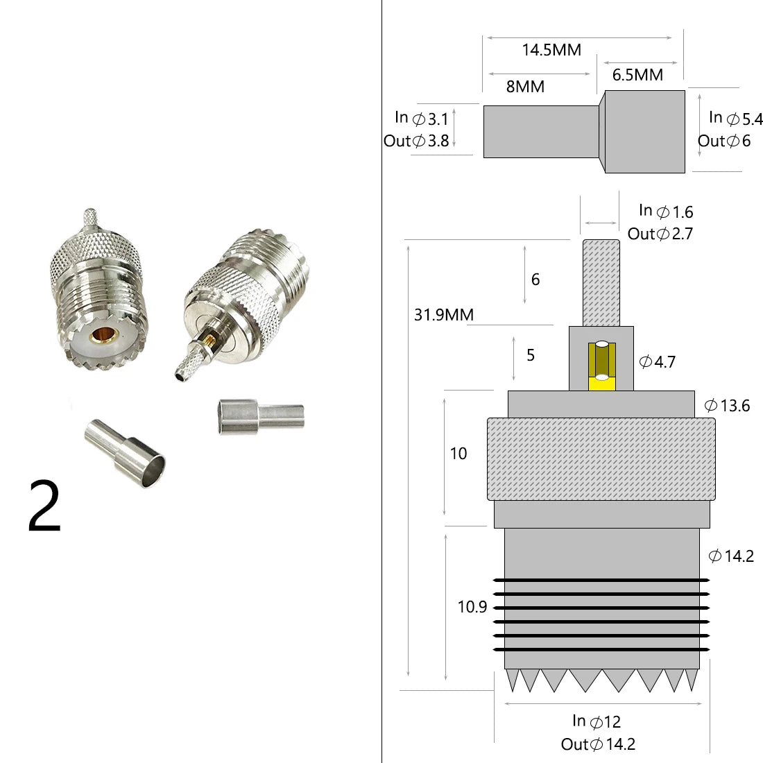 1-4PC UHF Male Female Plug Jack PL259 SO239 RF Coax Connector Crimp RG316 RG174 RG58 RG142 Copper Nickelplated With Drawing