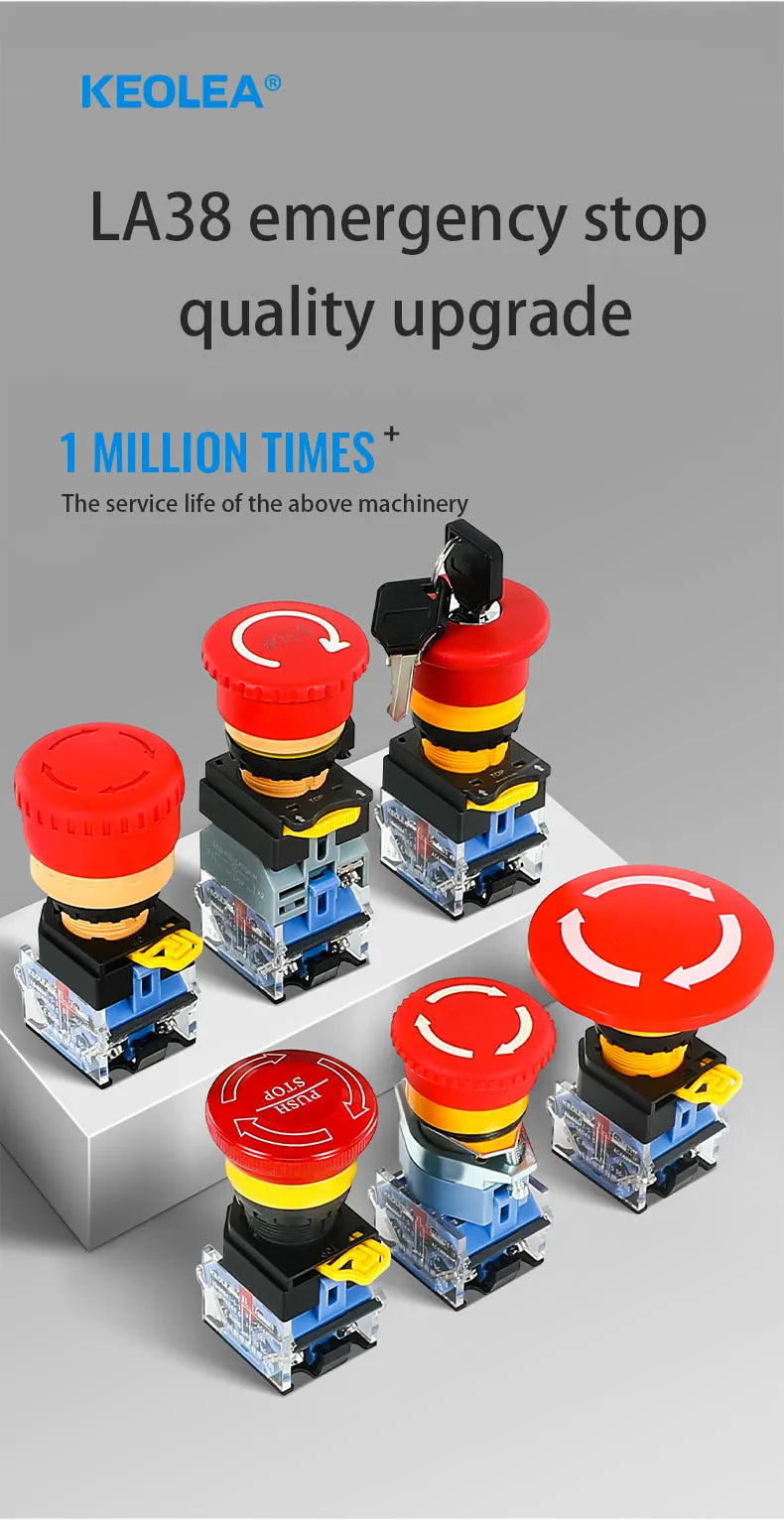 LA38 Emergency Stop 10A Self-locking Rotary Reset Latching Head Power Switch Mushroom Push Button Switch 22mm 1 NO I NC 2NC
