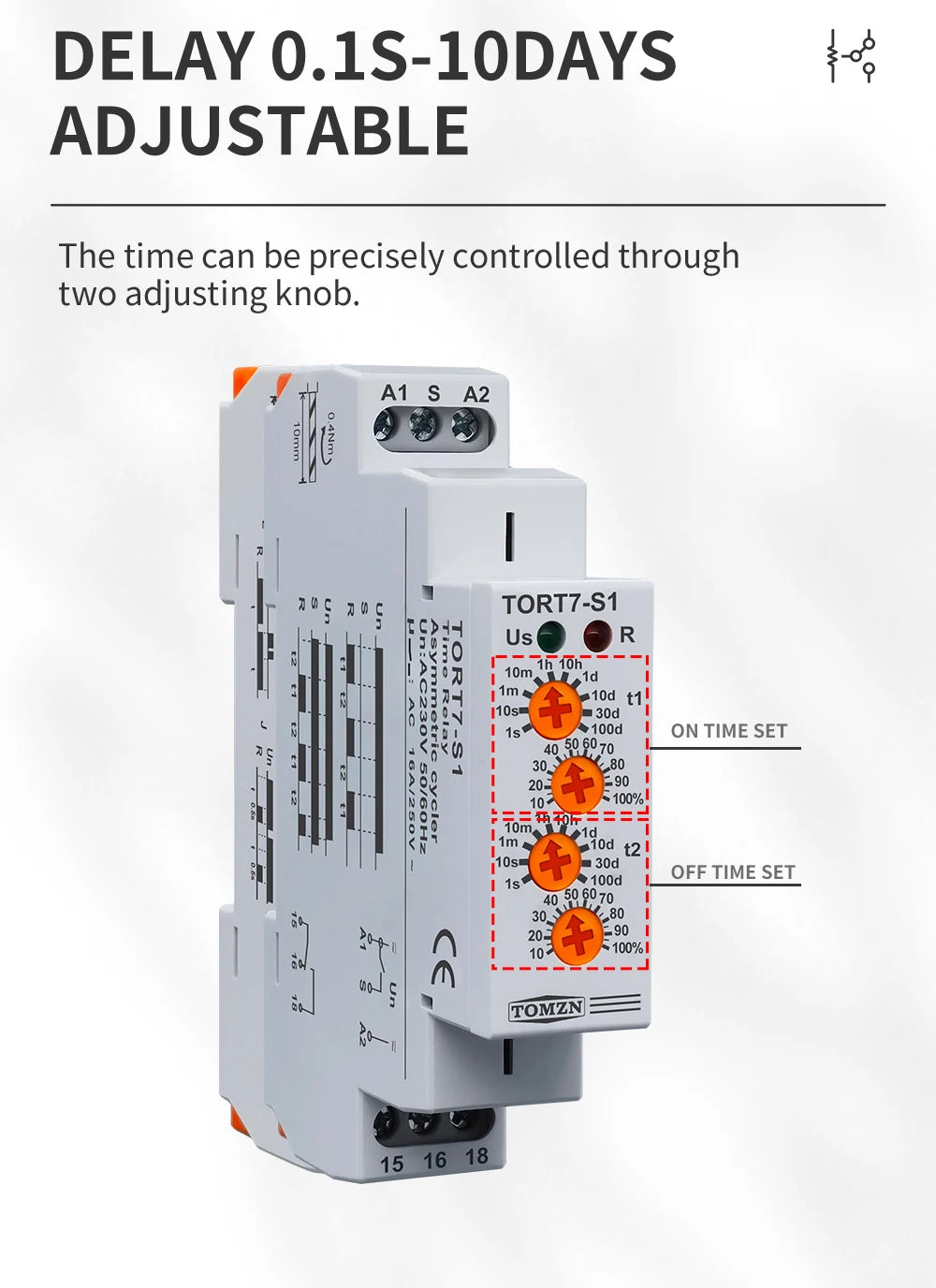 TOMZN TORT7-S1 Timer Relay Asymmetric Cycler Automatic Loop Delay T1-On Time T2-Off Time AC230V 50/60Hz For Traffic Lights