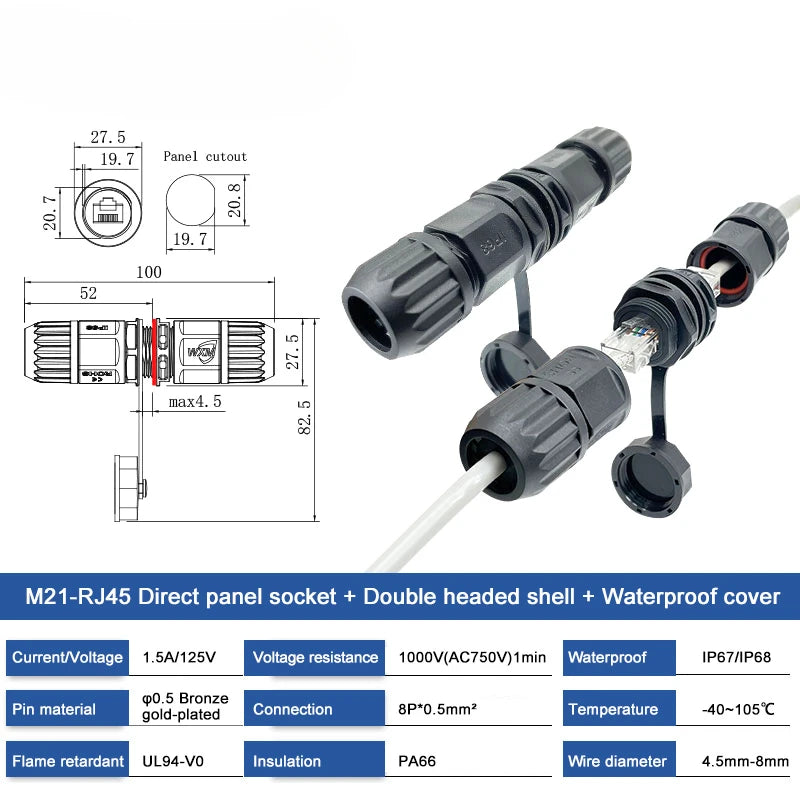 Waterproof RJ45 Ethernet Connector M21 RJ45 Communication Socket Through Wall Installation 8P8C Straight Through Network Plug