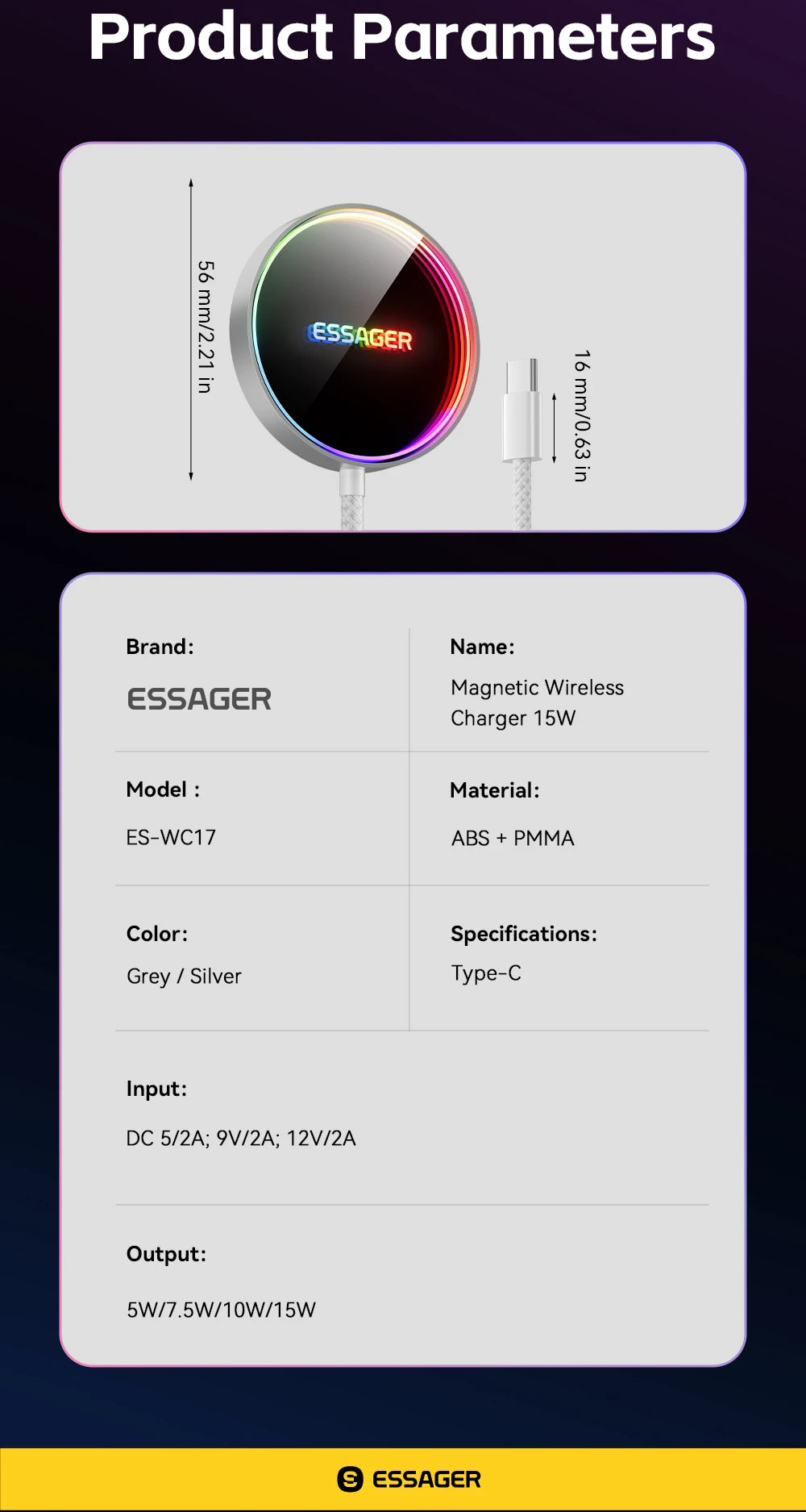 ESSAGER 15W Magnetic Wireless Chargers Qi Qi2 Wireless Charger Fast Charging Pad for iPhone 17 16 15 14 Mini Phone Charger