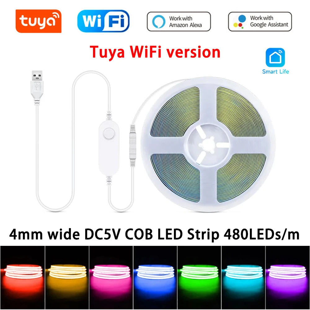 5V USB Tuya WiFi Tuya Zigbee 3mm 4mm Ultra Thin COB LED Strip Lights for Home Decor DIY Blue/Pink/Purple High Density LED Tape