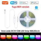 5V USB Tuya WiFi Tuya Zigbee 3mm 4mm Ultra Thin COB LED Strip Lights for Home Decor DIY Blue/Pink/Purple High Density LED Tape