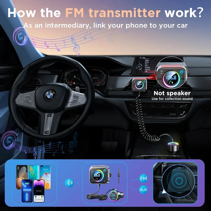 Joyroom Bluetooth 6.0 FM/AUX Transmitter Car Adapter Audio FM Transmitter Bass Boost 3 Ports PD&QC 3.0 FM Bluetooth Fast Charger