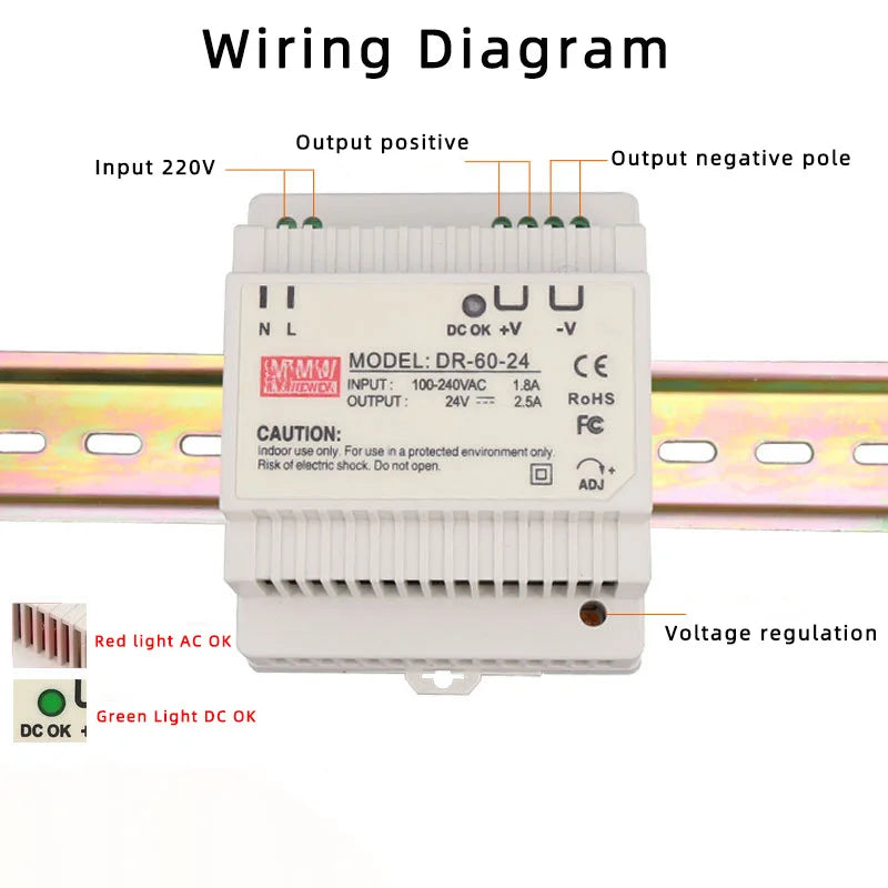 DR-60W Output 5V 12V 15V24V DIN Rail Switching Power Supply 24V DC 220V to 12V Transformer 5V Module Power Supply Box