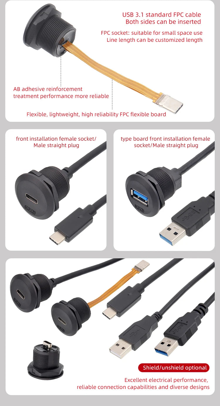 Type-C Bayonet FPC Female Male Back Mounted Socket Version 3.1 Receptacle 10Gbit/s Connector