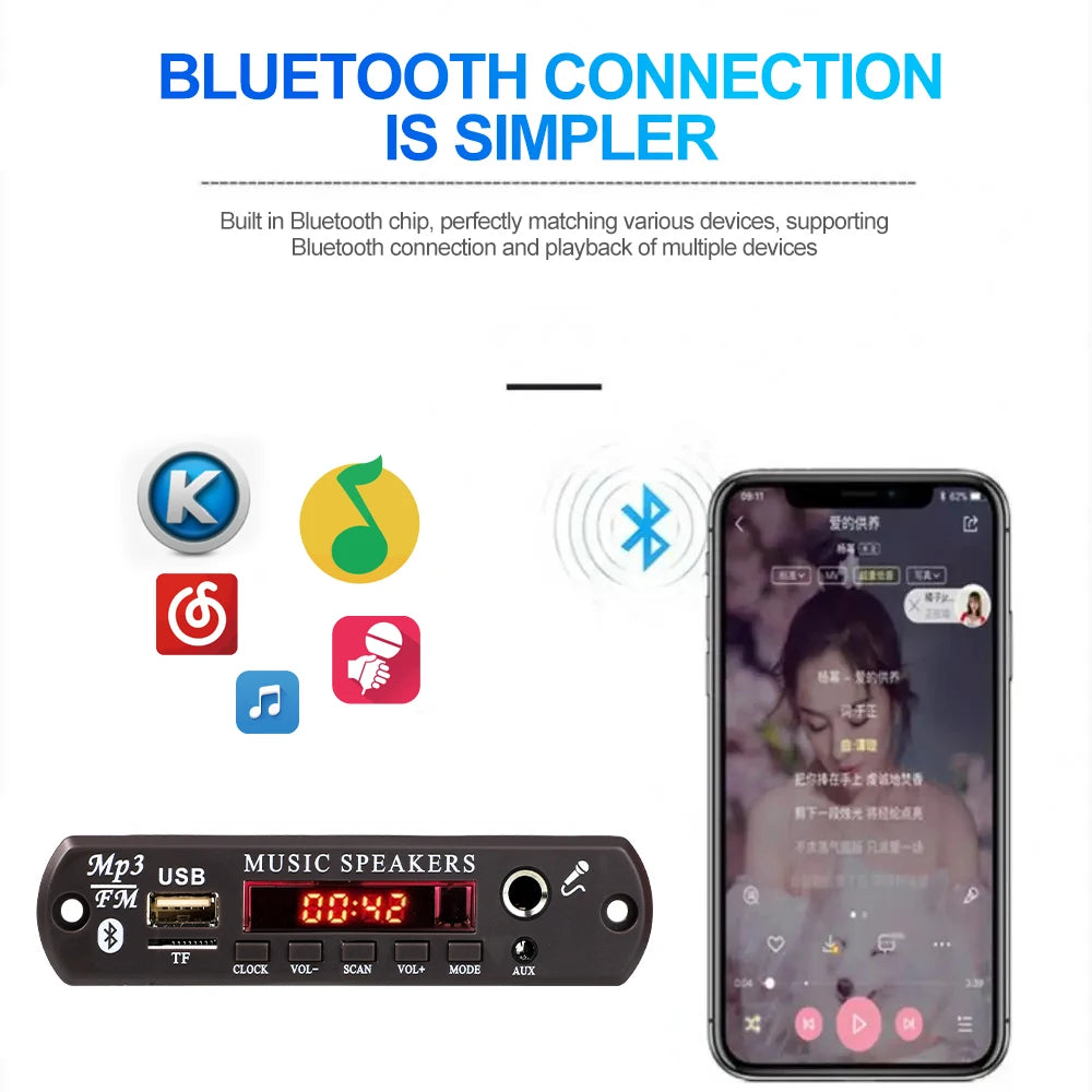30W 60W Amplifier 12V MP3 Decoder Board Bluetooth 5.3 Stereo Audio DIY Car MP3 Player FM Radio TF USB 6.5mm Mic Jack Record Call