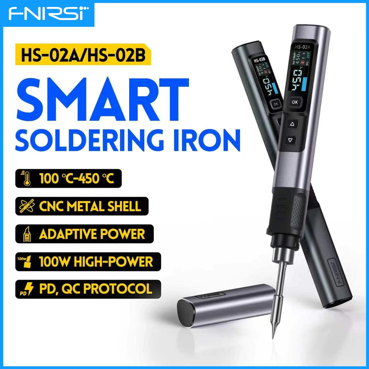 FNIRSI HS-02 Portable Intelligent Soldering Iron 100-450℃ Fast Heat Up 100W Type-C PD Fast Charging for Welding Repair Tools
