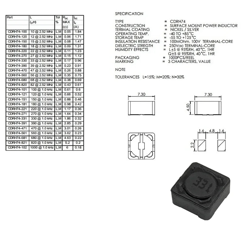 (10-100PCS) 7x7x4mm CDRH74 Power Inductor 2.2/3.3/4.7/6.8/10/15/22/33/47/68/100/150/220/330/470UH CDRH74R CD74 SMD Inductance