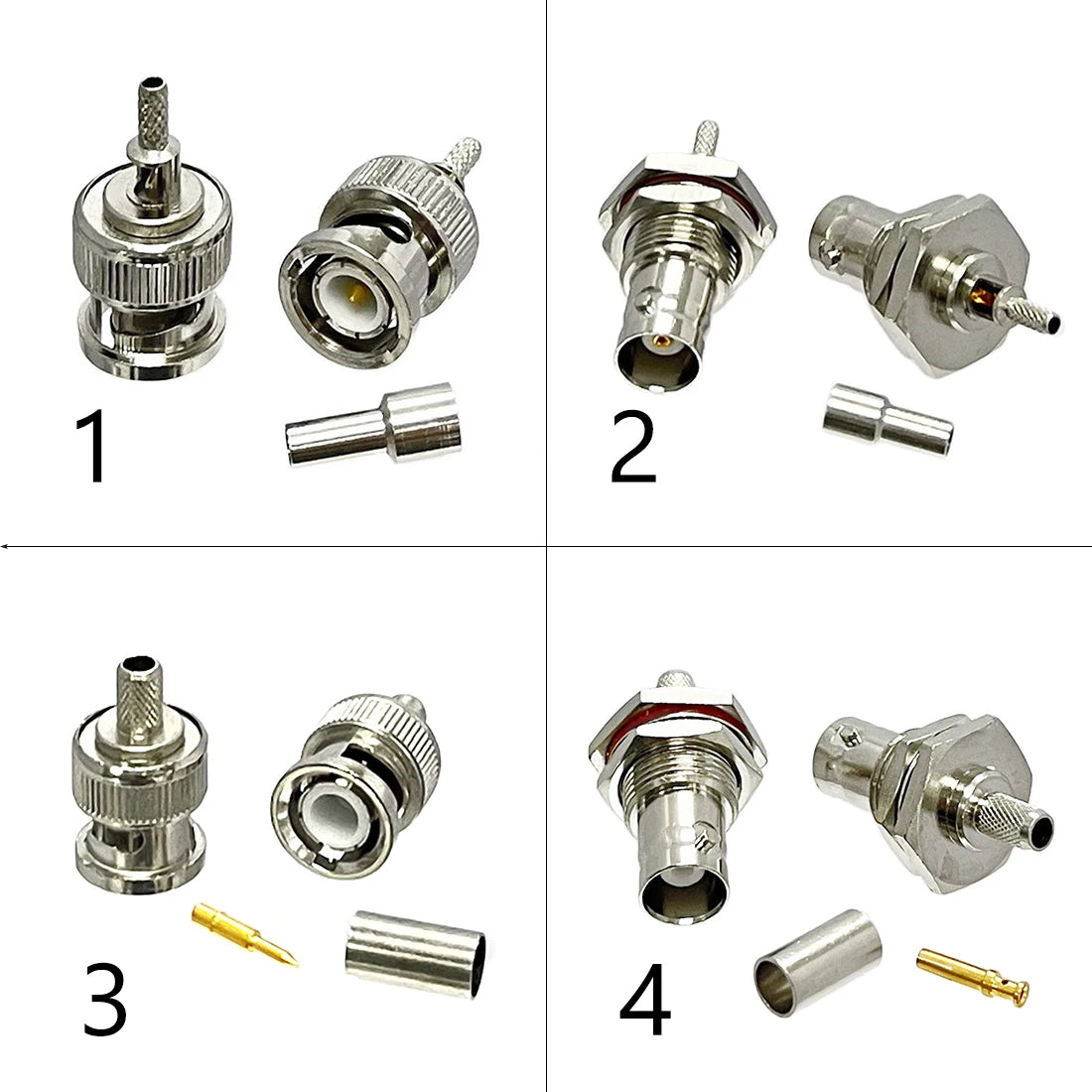 1-4PC BNC Male Female Plug Jack RF Coax Connector Crimp for RG316 RG174 RG58 RG142 Cable Copper Nickelplated With Drawing NEW