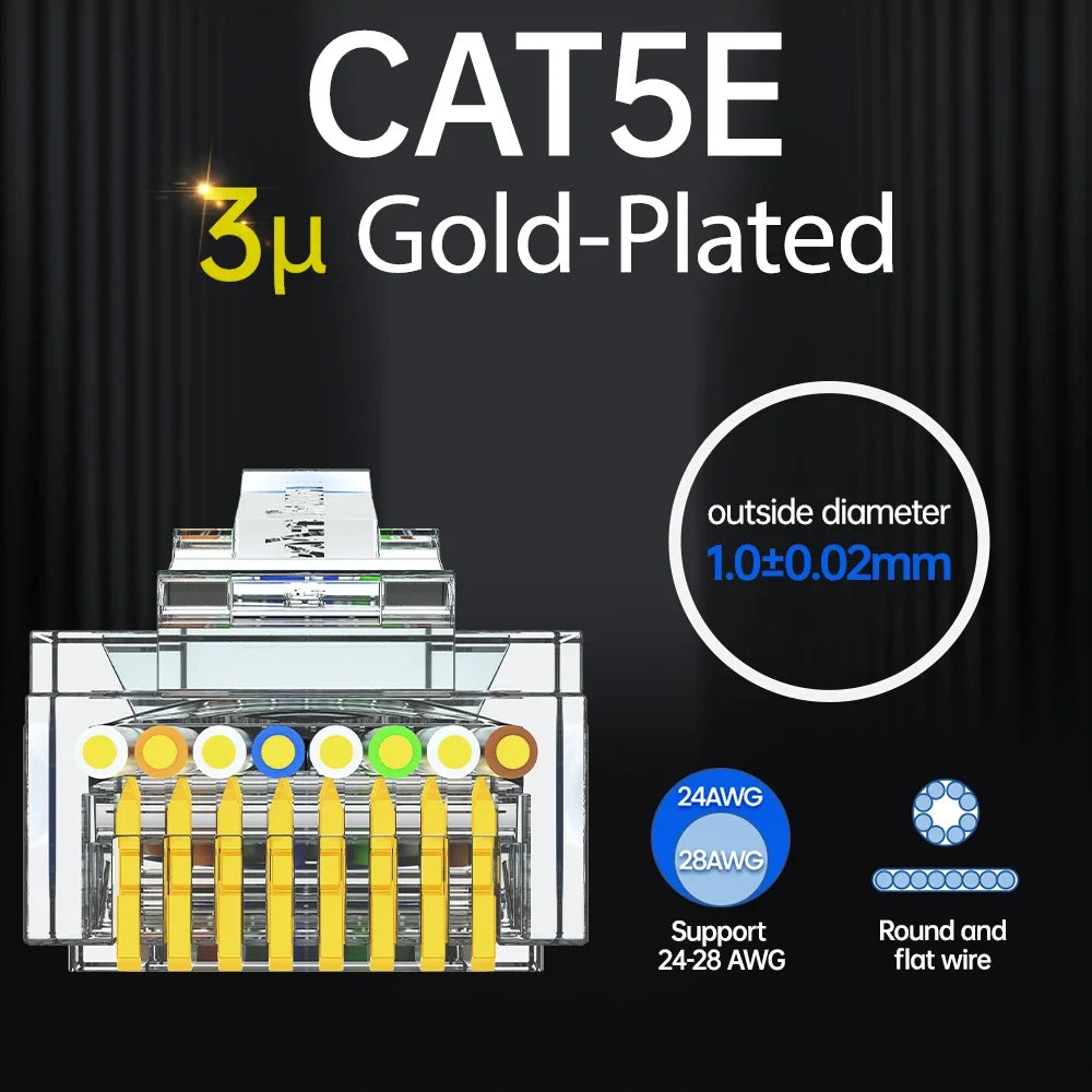 AMPCOM Pass Through STP RJ45 Connectors, CAT6 CAT5E Shielded 3/50μ Gold-Plated 8P8C Modular Plugs Crimp End for Ethernet Cable