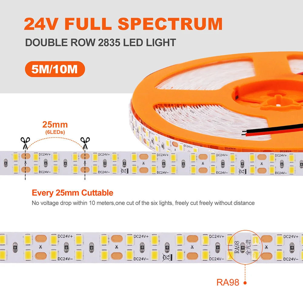 5mm 8mm Led Strip Light RA98 10mm PCB 2700K 3000K 3500K 4000K 5000K 6000K 5m 10m 24V 2835 120 240 LEDs Flexible Tape Lighting