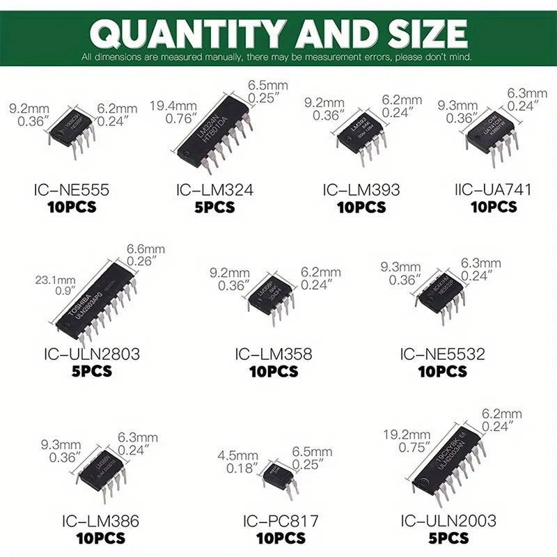 85PCS Integrated Circuit Chip Kit 10 Specifications IC-NE555 IC-LM324 IC-LM358 DIP Single Precision Timer Combination Kit