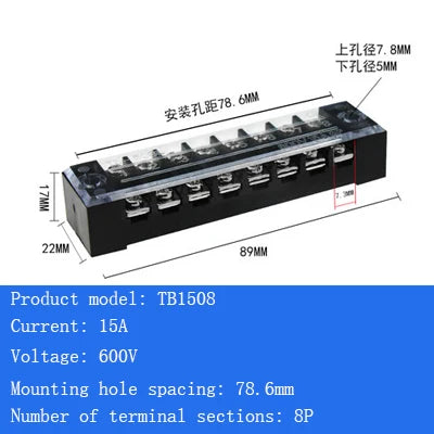 TB15A 25A 45A Copper Wiring Terminal Block 3/4/5/6/8/10/12 Position Electrical Connector Board Current Terminal Strip