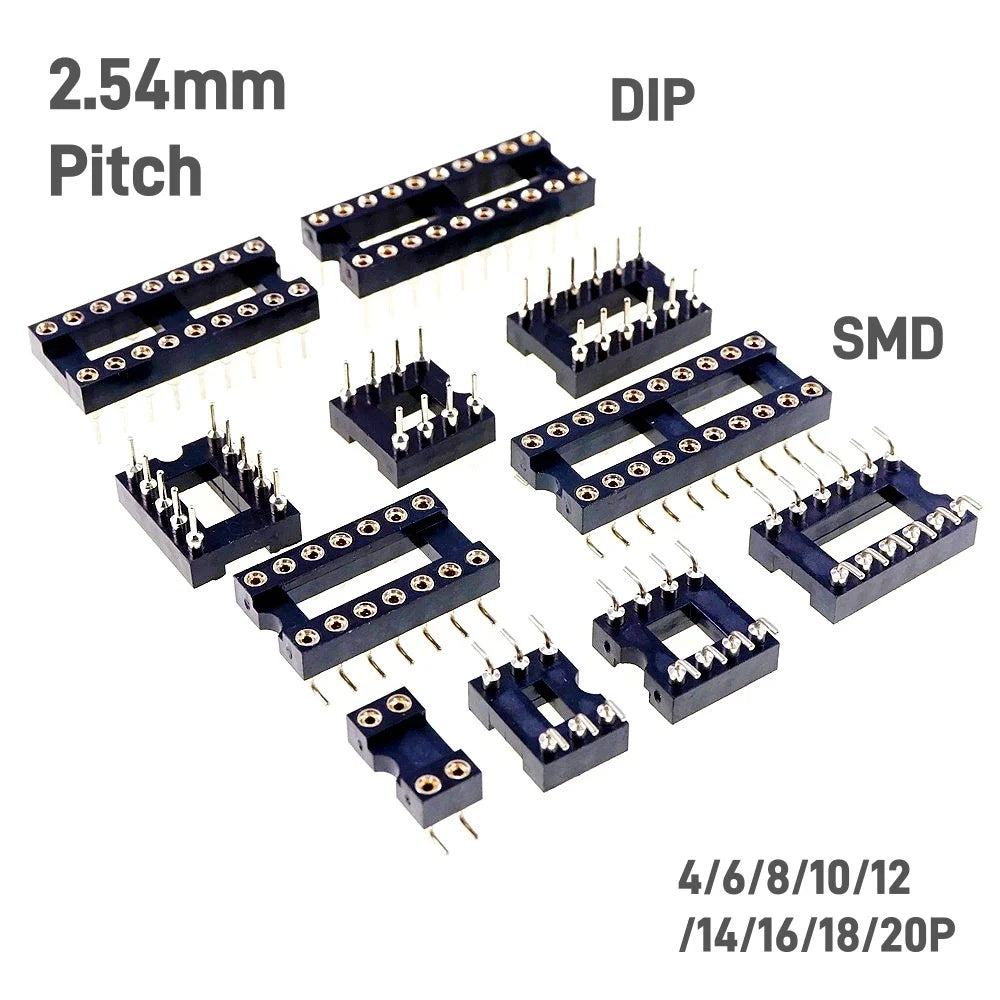 5/50 Pcs 2.54MM Pitch SMD DIP IC Socket Contact Clip Surface Mount Machined Receptacle 4 6 8 10 12 14 16 18 20 24 Pin Row 7.62mm