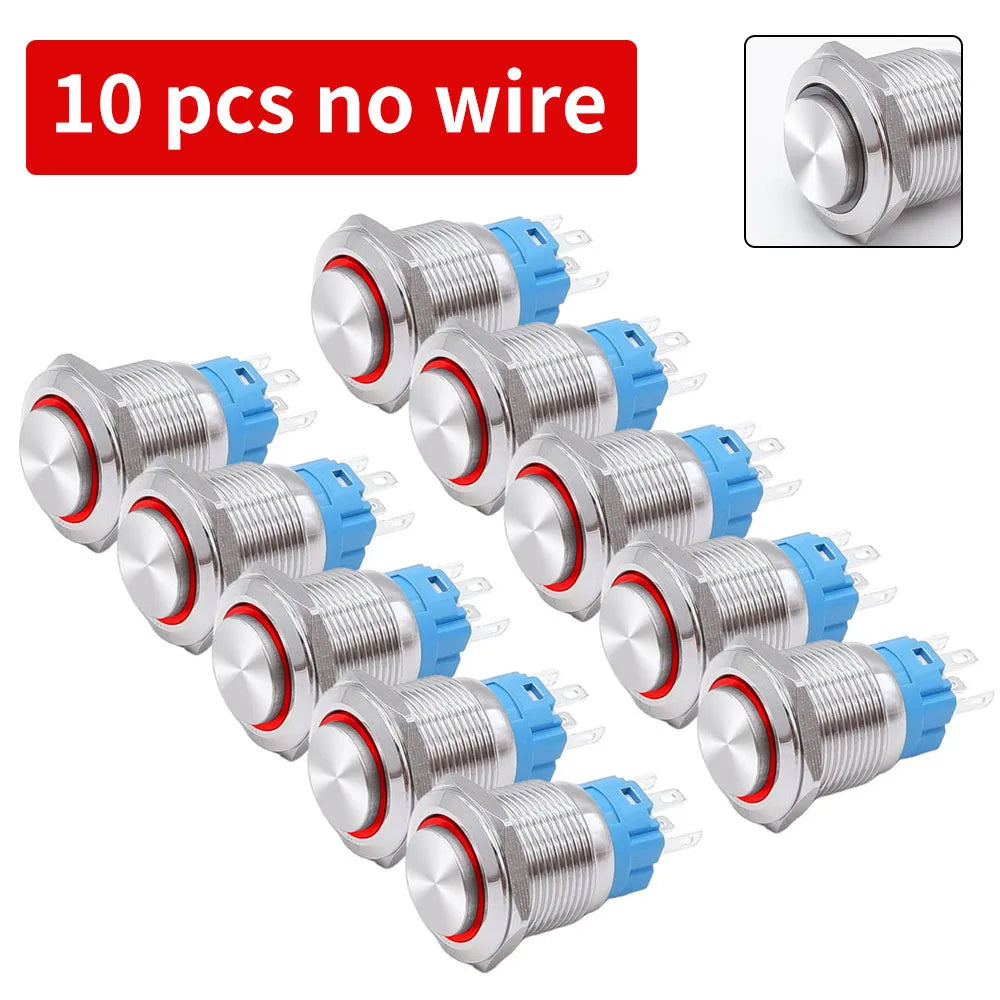 10 pcs  Latching Push Button Switch Metal Shell 16/19/22mmWaterproof Power Symbol Pattern Self-Locking Momentary Fixed 1NO 1NC