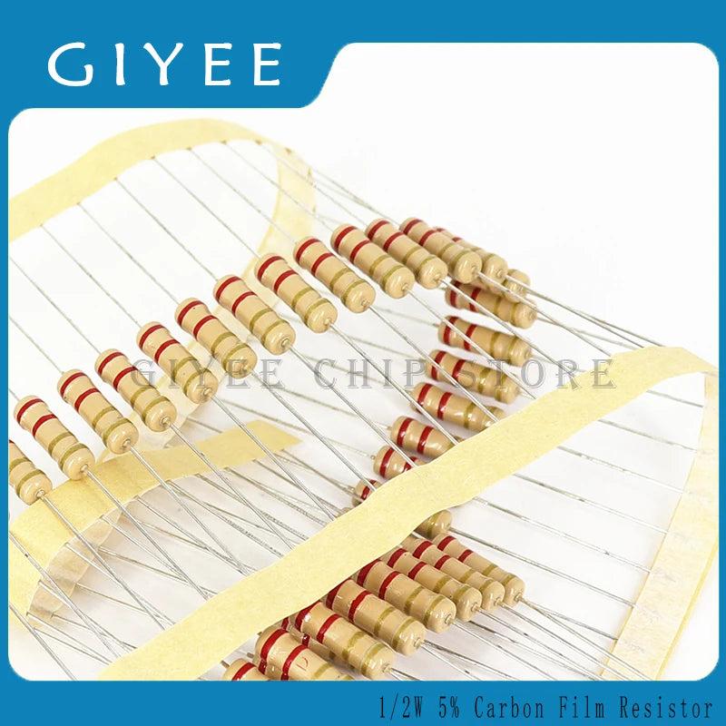 50pcs 1/2w 0.5W 5% Carbon Film Resistor 1R~1M 2.2R 10R 22R 47R 51R 100R 150R 470R 1K 4.7K 10K 47K 1 2.2 10 22 47 51 100 150 ohm