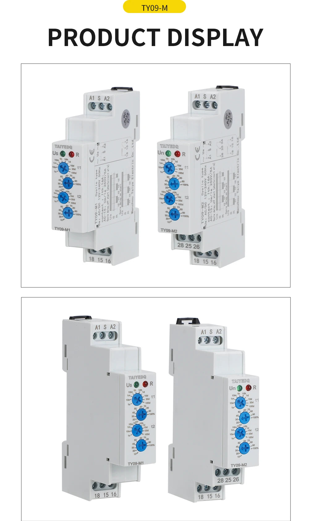 TY09-M1 M2 Cyclic Delay Timer Relay Switch SPDT 220V 16A AC/DC12V-240V 50/60Hz 0.1s-100 Days 2SPDT Din Rail