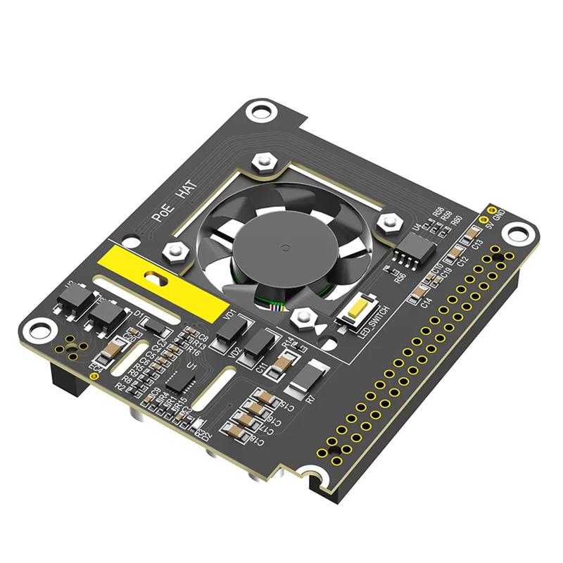 Poe HAT For Raspberry Pi 5 With Cooling Fan/Computer Module 5, With Automatic Discoloration LED Light