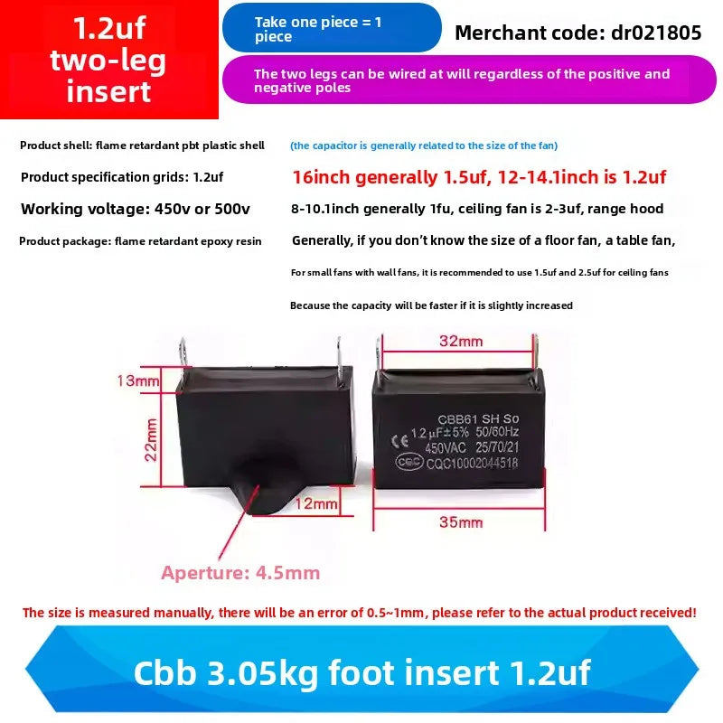 CBB61 Fan Air Conditioner Starting Capacitor 450V 1/1.2/1.5/2/2.5/3/3.5/4/4.5/5/6/7/8/10/12UF Ceiling Fan Hood Motor Capacitor