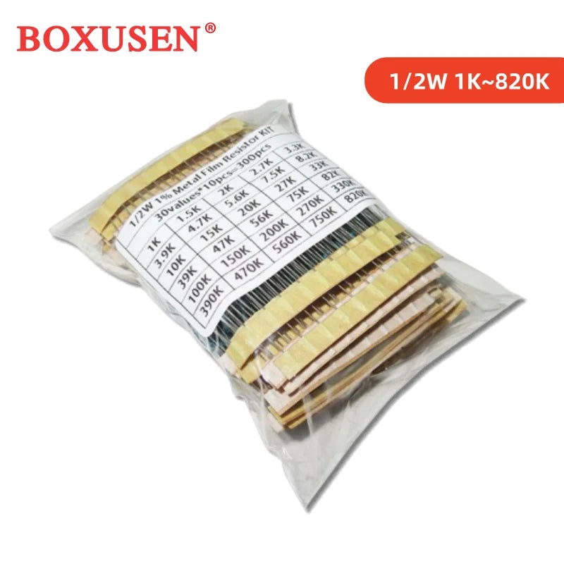 300PCS 150PCS 30values Each 5/10PCS 1~750 1K~820K Ohm 1/2W 1W 2W 3W Resistance 1% Metal Film Resistor Assortment Kit Set