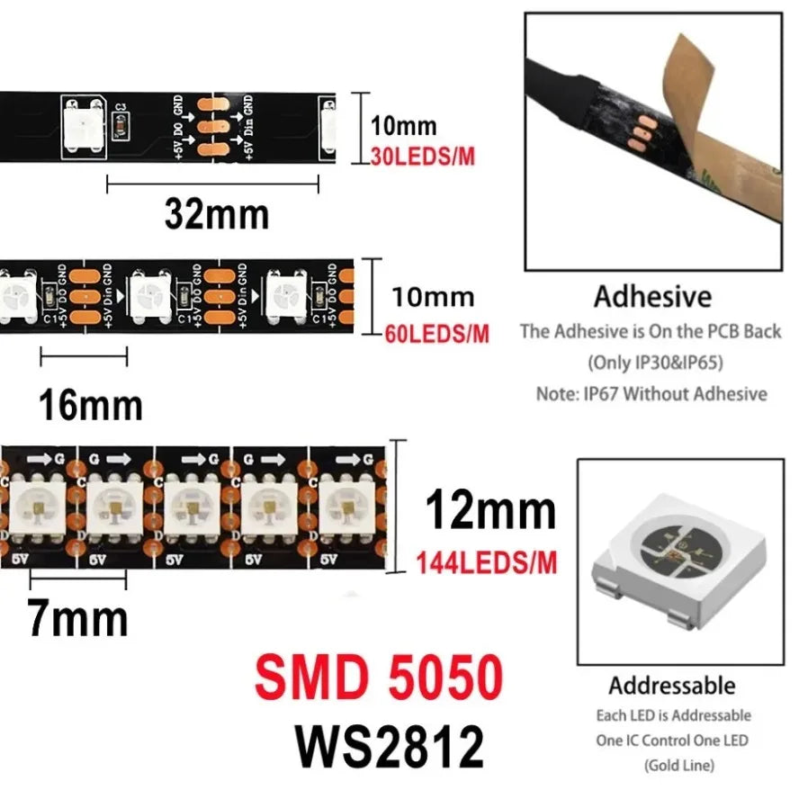 5V RGB Colored Light RGBIC 5M WS2812B 5050 Smart Waterproof LED Strip Individually Addressable IC 30/60/144Pixels/Leds/m Light