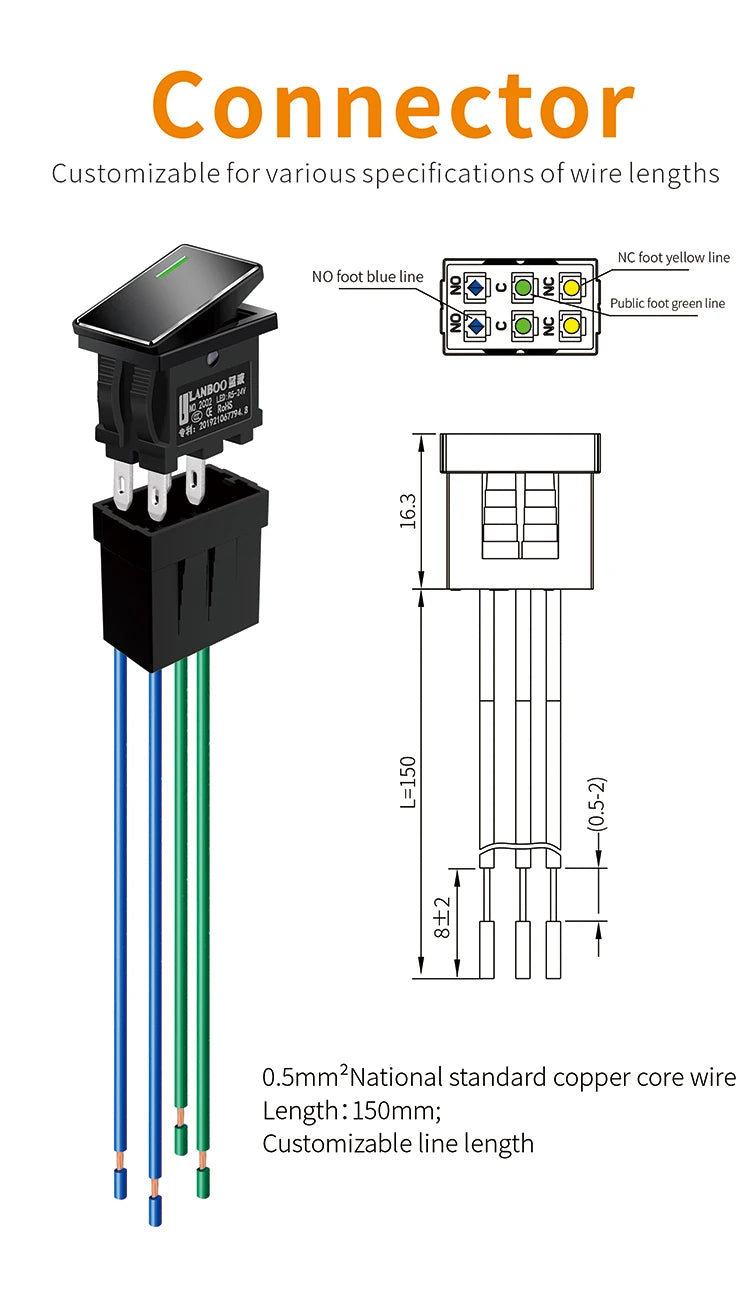 LANBOO 14mm*9mm Series 7Amp High Current Rocker Switch ON-OFF-ON 2/3Position 4/6Pin KCD1  With Red/Green Light  12V24V220V