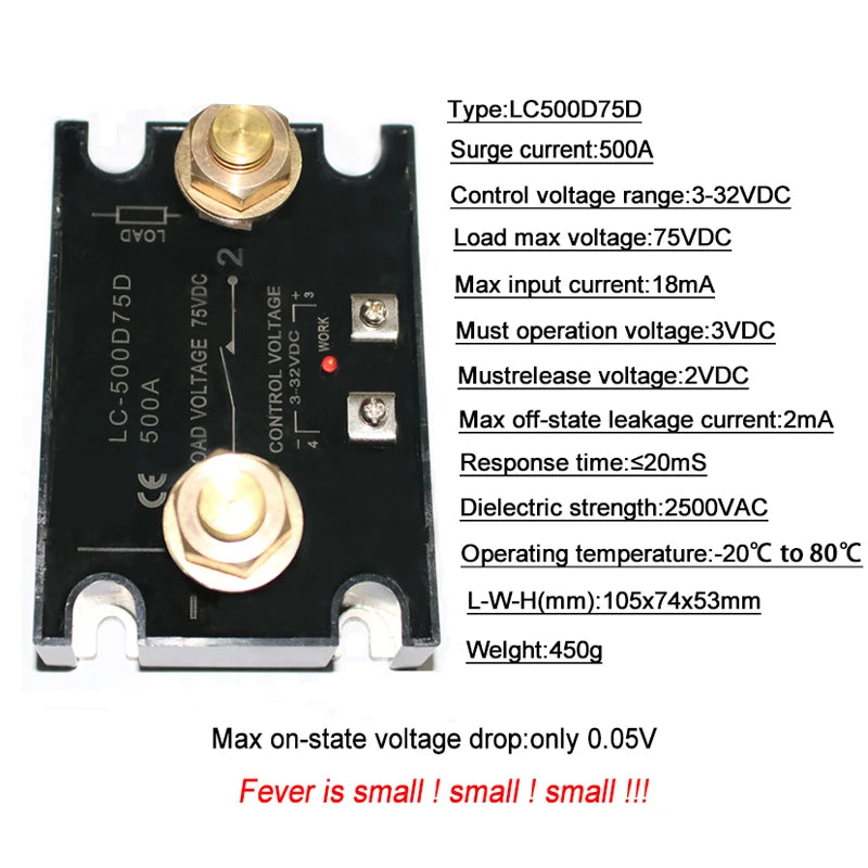 DC Control DC Solid State Relay 3-32VDC Control 75VDC Load Voltage High Current 500A 1000A with Heat Sink Raditor High Power SSR