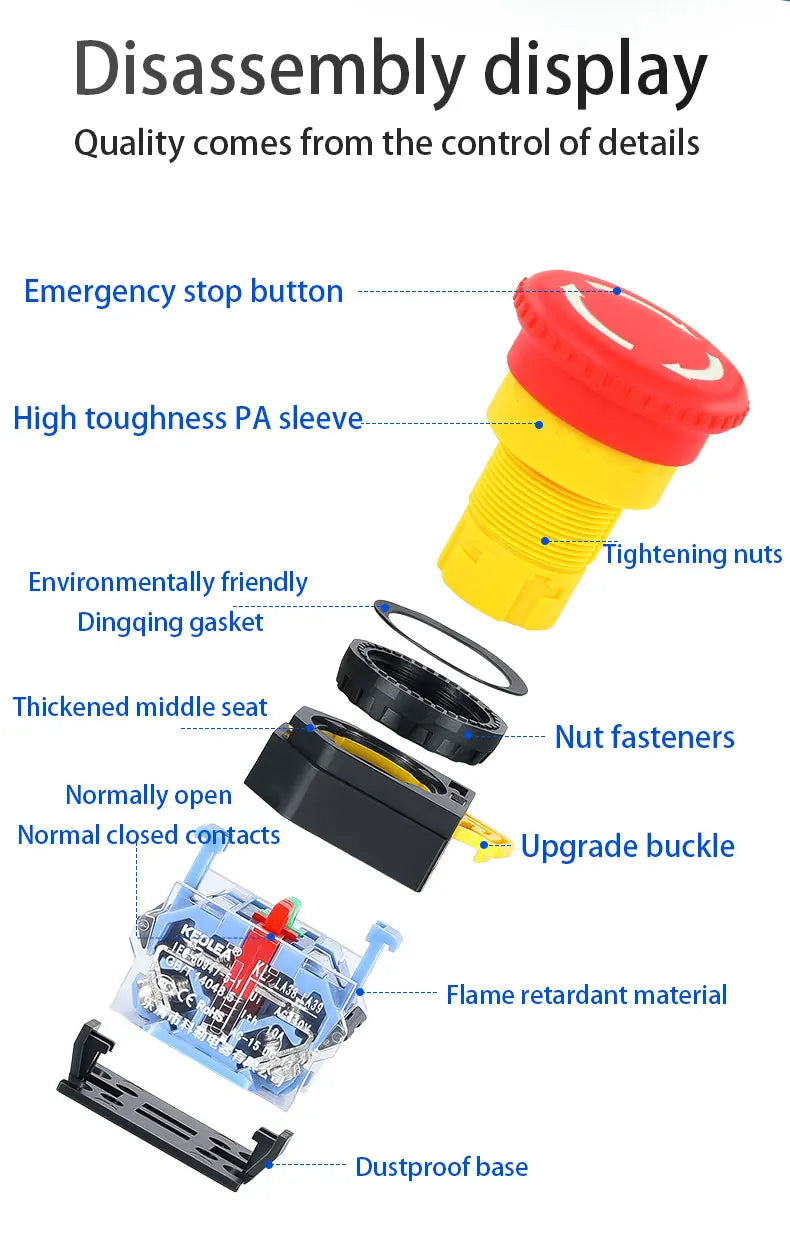 LA38 Emergency Stop 10A Self-locking Rotary Reset Latching Head Power Switch Mushroom Push Button Switch 22mm 1 NO I NC 2NC