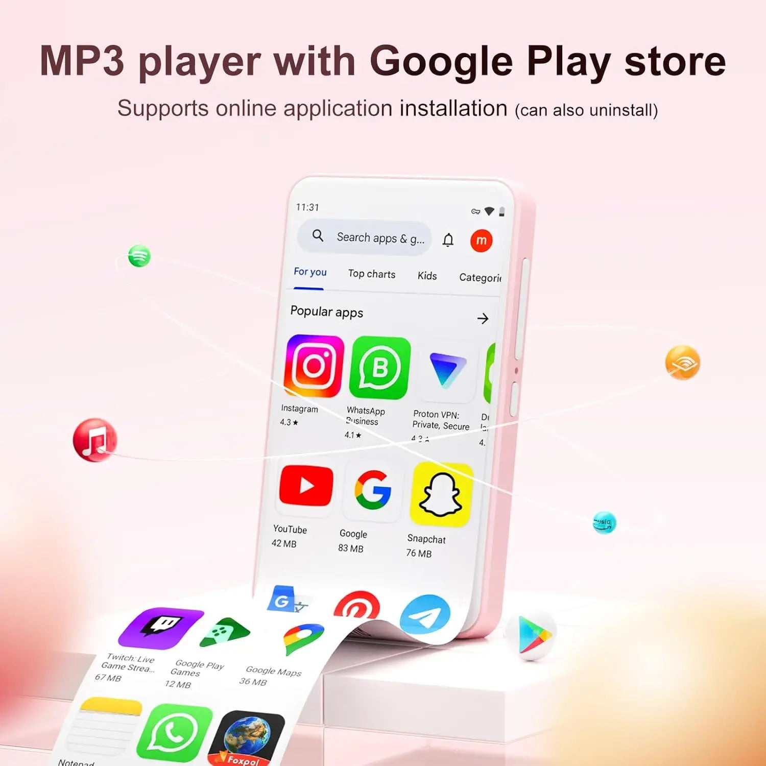 16GB/80GB  MP3 Player Android 9.0 with Bluetooth and WiFi, 4.0-inch with speakers, FM radio, eBooks, capacity up to 512GB
