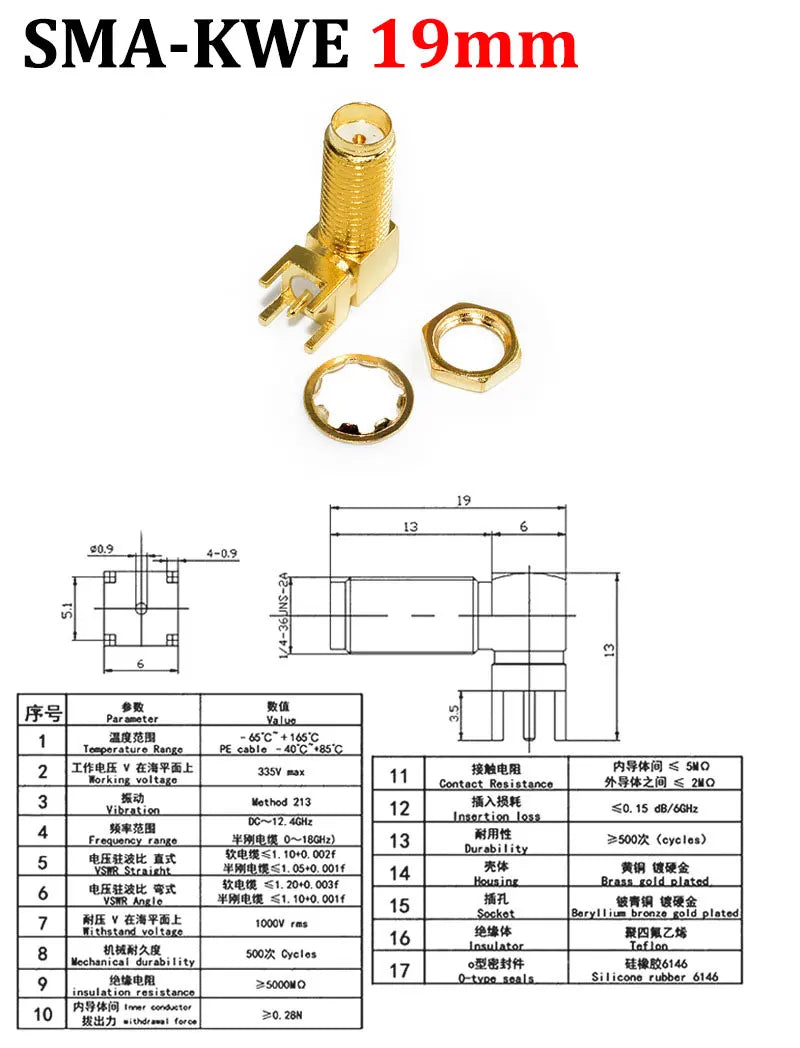 Cltgxdd 1/5/10pcs SMA-KE/KWE SMA Female Jack Adapter Solder Edge PCB Mount Antenna Base RF Copper Coaxial Connector Plug Socket
