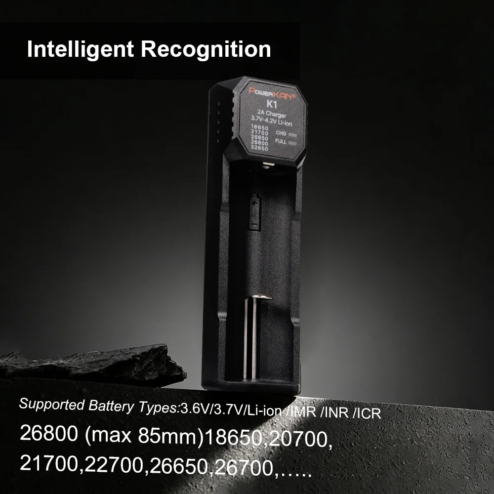 POWERKAN K1 1 Slot Smart Charger, Type-C Fast Charger for 18650 21700 26650 Li-ion Batteries