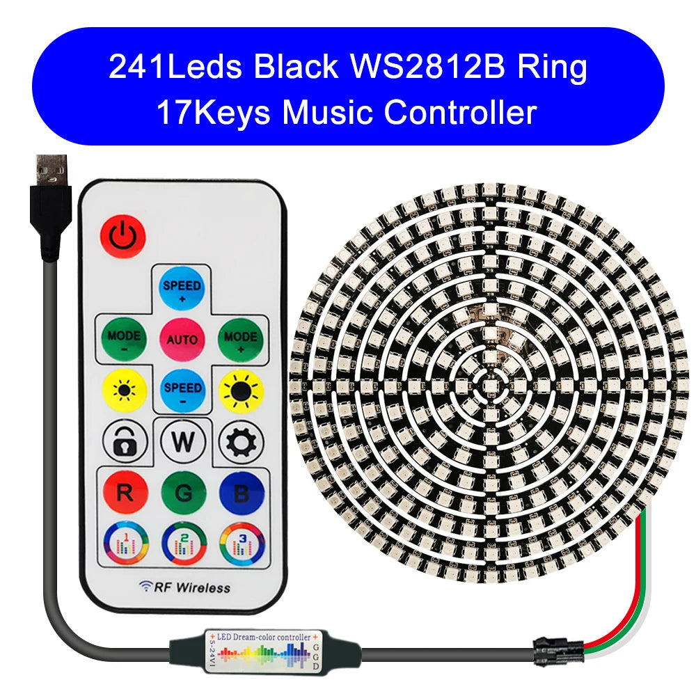 DC5V WS2812B DIY LED Ring 8 to 241 Pixels 5050 RGB Individually Addressable WS2812 Round Modules With 17Keys Music RF Controller