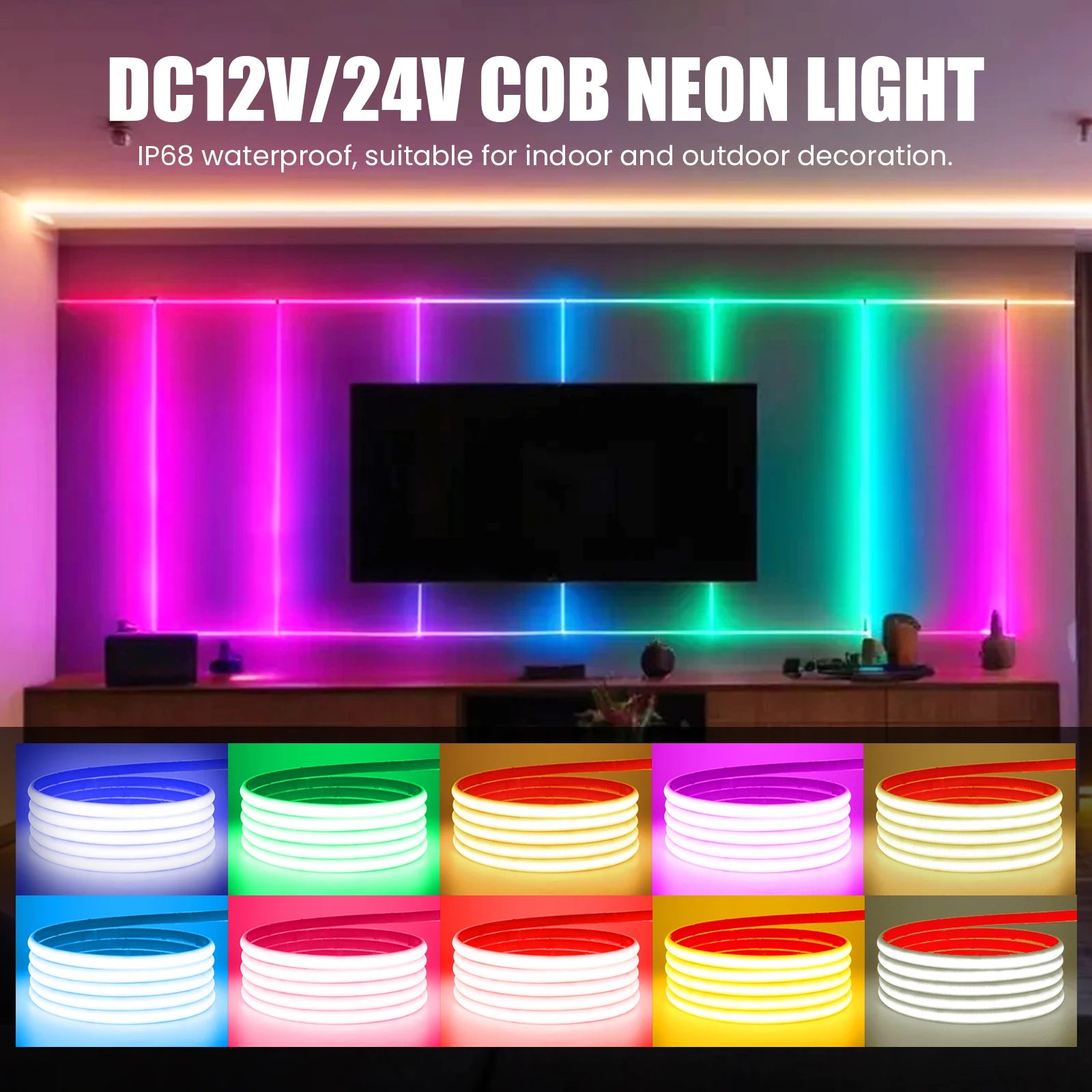 IP68 Waterproof COB LED Strip Light 12V 24V Flexible LED Neon Tape 320LEDs/m High Density Linear Light Outdoor Swimming Pool