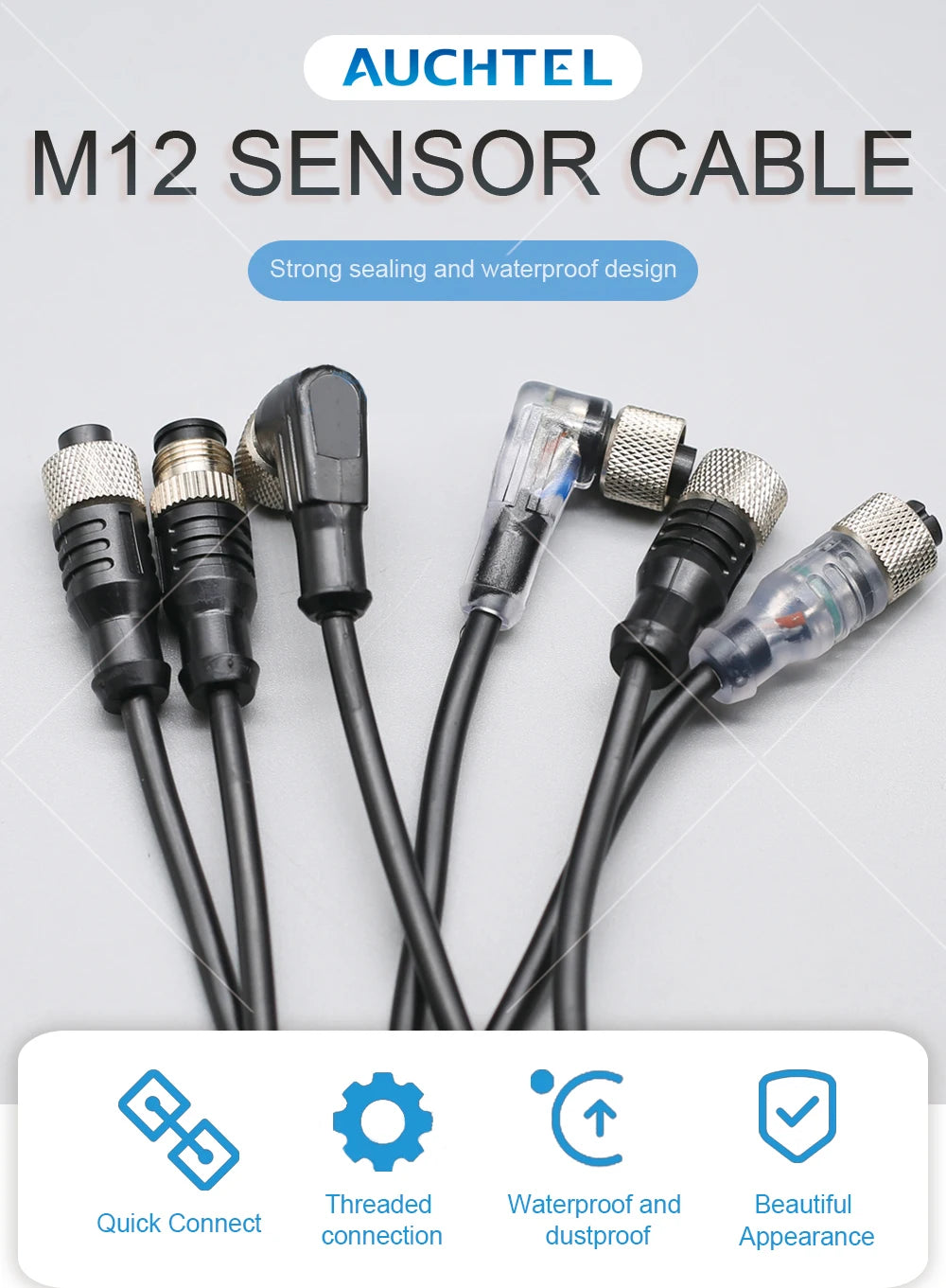 2m Line M12 4 5 Pins PVC LED IP67 Sensor Cable Connector Type A Socket Plug  Waterproof Male&Female Straight Angle Flange