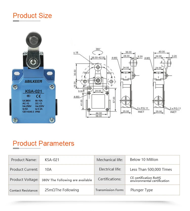ABILKEEN Stainless Steel IP66 Waterproof KSA Series Industrial Machine Limit Switch Multiple Styles Limit Switch Available