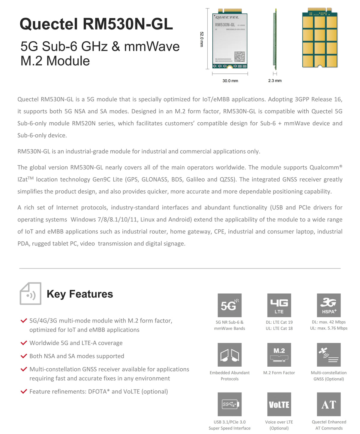 Quectel RM530N-GL 5G 4G 3G LTE-A Multi-mode Sub-6GHz mmWave 5G M.2 Module Multi-constellation GNSS Receiver 3GPP R16 4.5Gbps