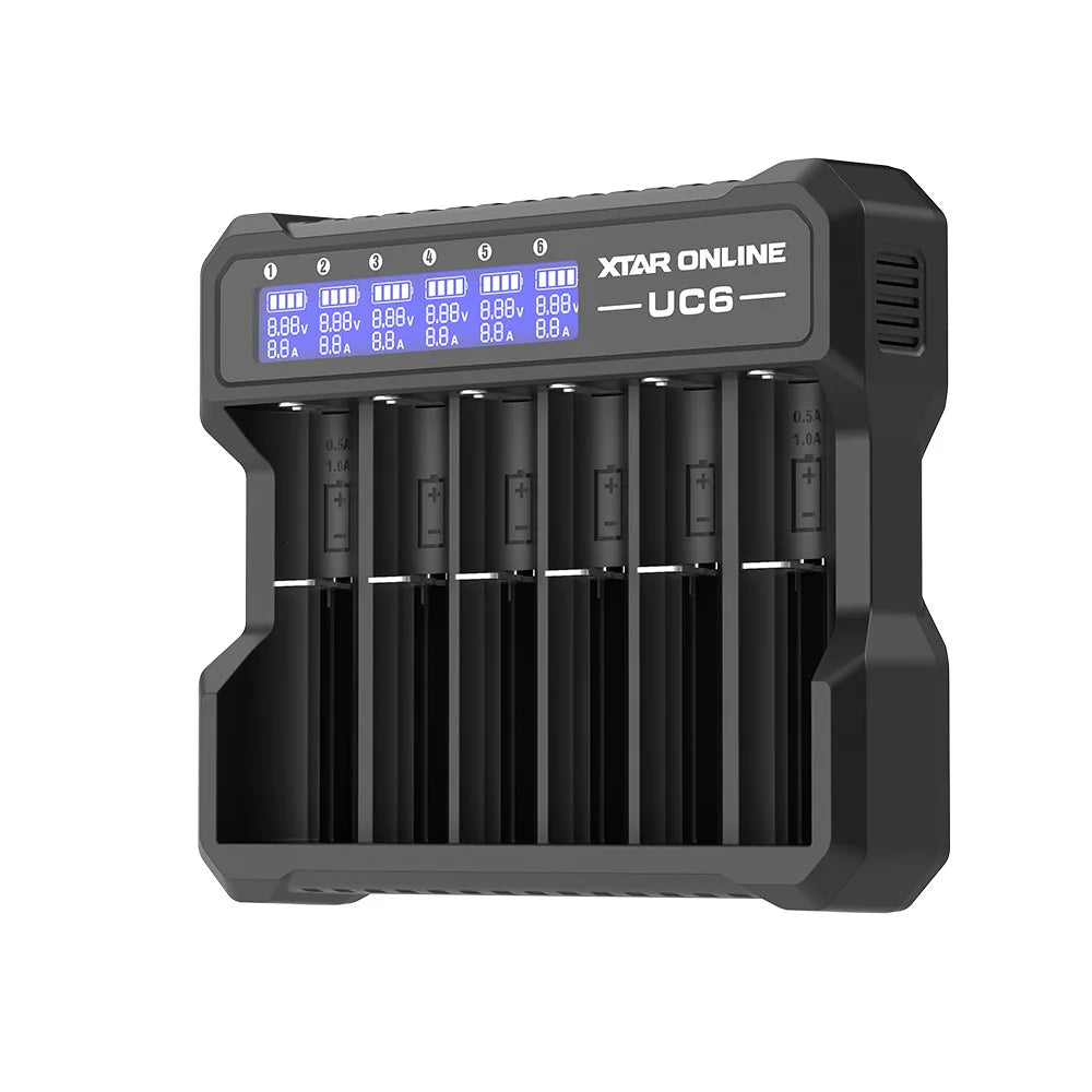 MC6C 6-Slot Independent Charger LCD Display for Li-ion Ni-MH USB-C Input 0V for 21700 18650 Li Battery AA AAA Battery Activation