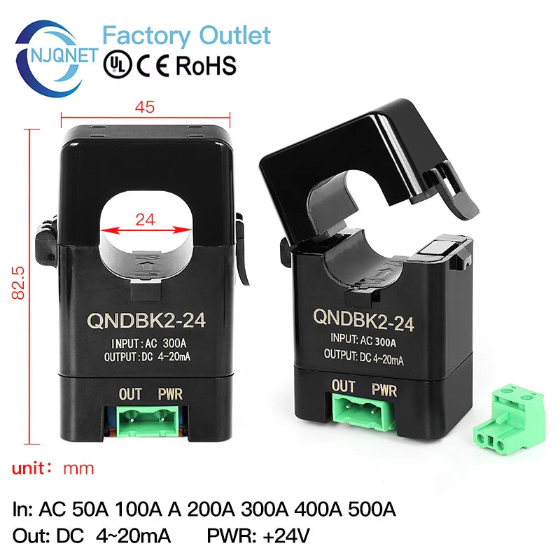 QNDBK2-24 AC 1A 5A 10A 20A 50A 100A 4-20mA Current Sensor Split Core Current Transmitter Clamp CT Current Transformer Transducer