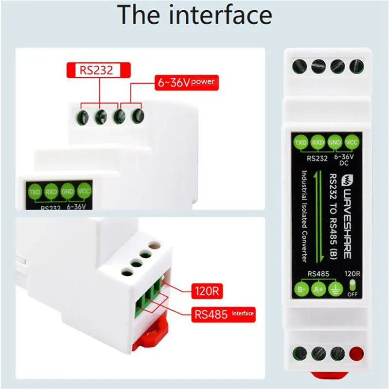 3X Waveshare Industrial Rail Type RS232 To RS485 Converter 300-115200Bps Active Digital Isolation Wide Voltage