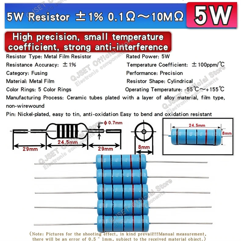100pcs 1/6W Metal Film Resistors 1/8W 1% 0.125W 10 100 200 220 330 470 Ohm 4.7K 1K 2.2K 10K 47K 200k 220k 510k 100k 470K 1M Ohms