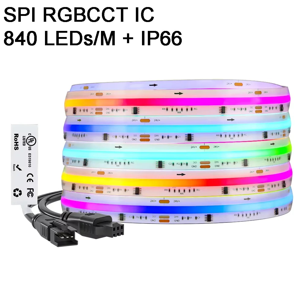 FCOB SPI RGBCCT IC LED Strip Light WS2811 Addressable 840 960 LED Dream Color RGB CW WW DC24V FOB High Flexible COB Lights RA90