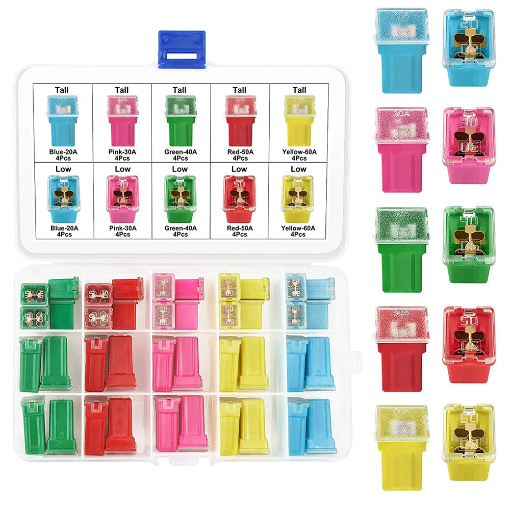 10 Piece Automotive Low and High/Standard Box Fuse 20A 30A 40A 50A 60A Fuse Combination Kit for Pickup Trucks, Cars and SUV