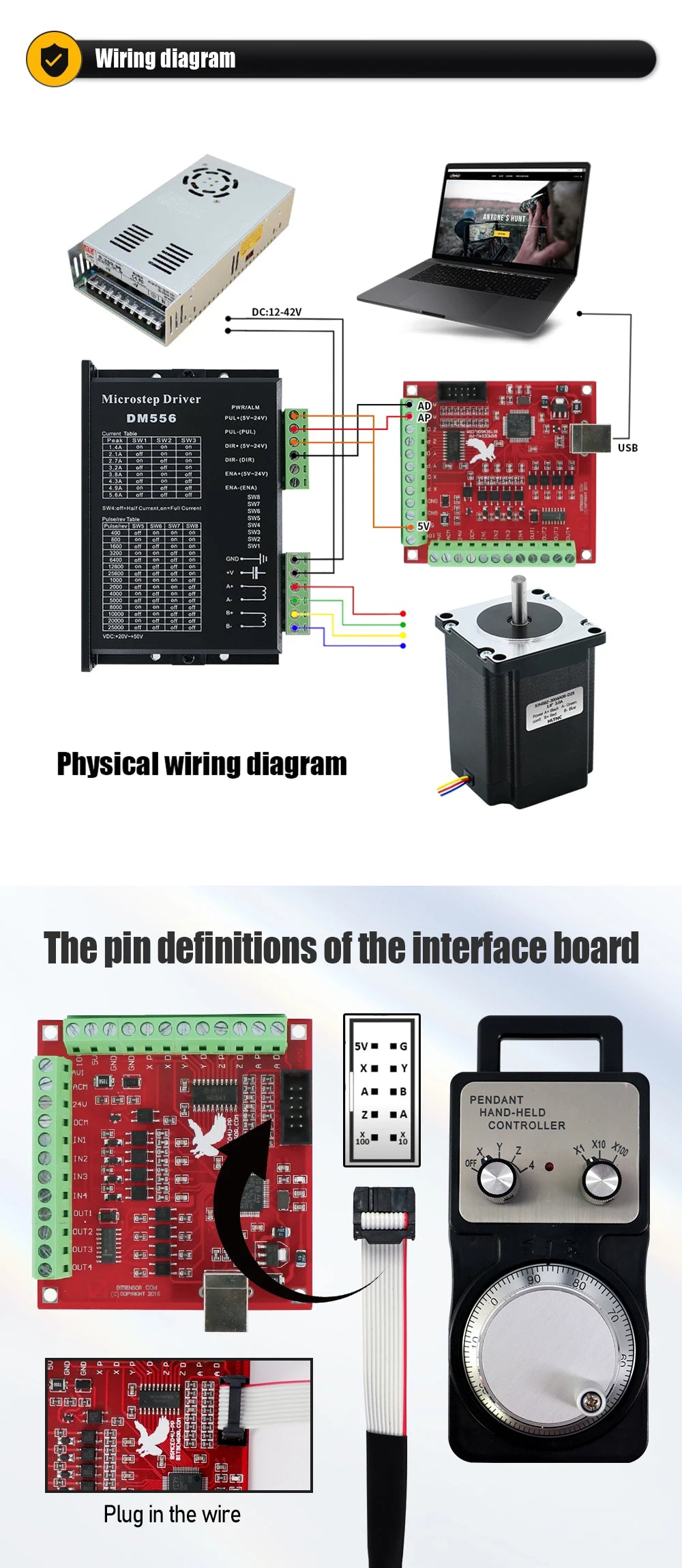 Nema 23 Stepper Motor Kit 57mm 3 4 Axis CNC Driver TB6600 DM542 DM556 & USB Mach3 Controller & 350W 36V Power PSU+5V Handwheel