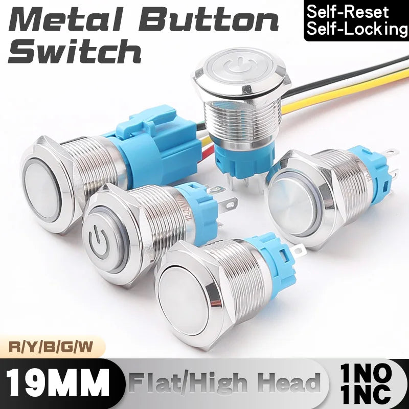 19MM LED Metal Button Switch Stainless Steel 1NO1NC Momentary Latching High Head Lamp Waterproof Button 12V 24V 220V