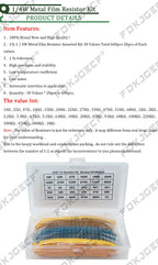 600pcs/set 30 Kinds 1/4W Resistance 1% Metal Film Resistor Pack Assorted Kit 1K 10K 100K 220ohm 1M Resistors 300pcs/set