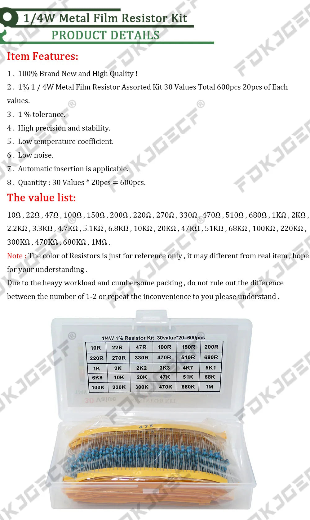 600pcs/set 30 Kinds 1/4W Resistance 1% Metal Film Resistor Pack Assorted Kit 1K 10K 100K 220ohm 1M Resistors 300pcs/set