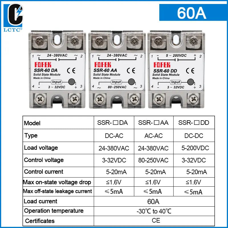 LCTC 1pcs Solid State Relay Single Phase Non-contact SSR DC To DC AC To AC DC To AC 24-380VAC 10A 25A 40A 50A 60A 80A 100A