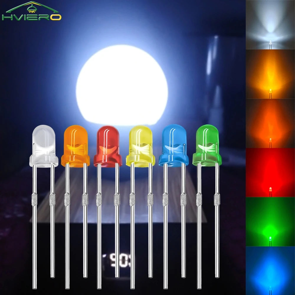 100-1000X 3mm Ball Bulb Led White Green Yellow Blue White Red Ultra Bright Light Emitting Diode Round Head with Edge Short Feet